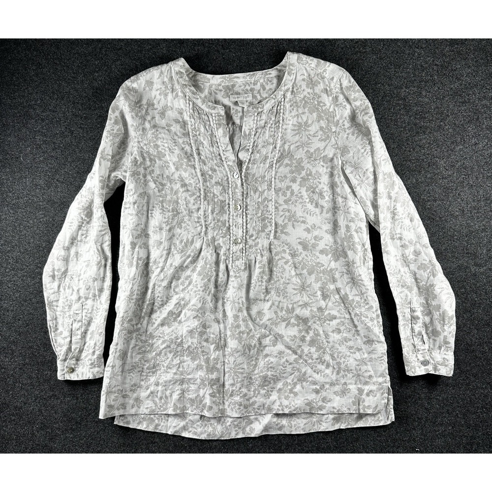 J Jill Love Linen Button Long Sleeve Blouse Butterfly Floral Top White Beige - Picture 2 of 7